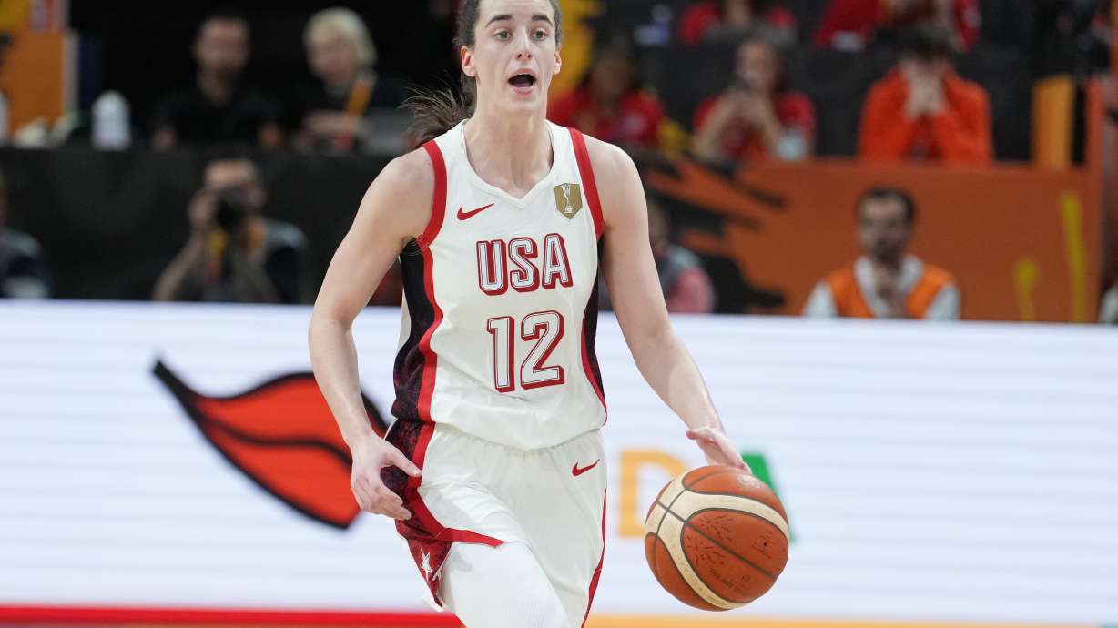 United States' Caitlin Clark dribbles during the Women's Basketball World Cup match between China and the United States in Berlin, Friday, Sept. 4, 2026.