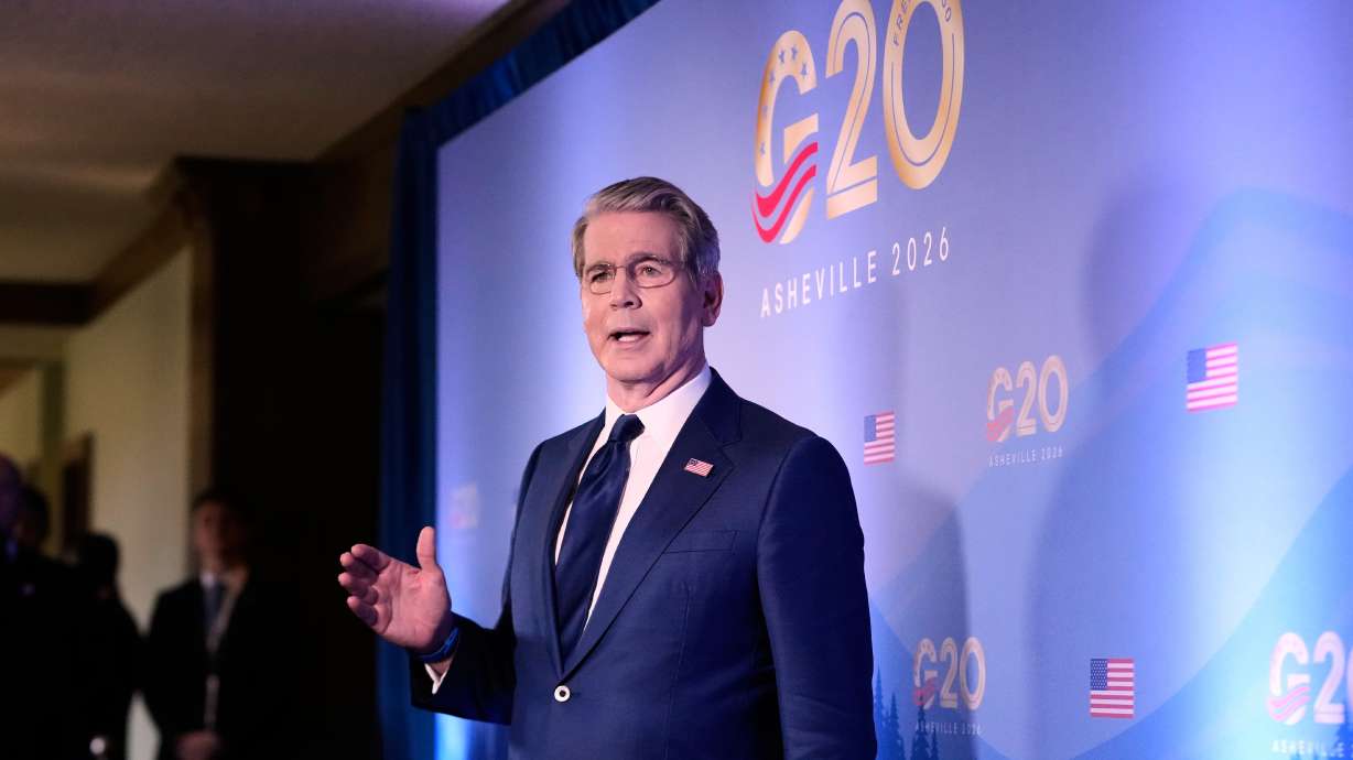 Treasury Secretary Scott Bessent speaks to reporters at the G20 Finance Ministerial in Asheville, N.C., Tuesday. The U.S. on Friday imposed sanctions on a Turkish bank it calls a "lifeline" for Iran.