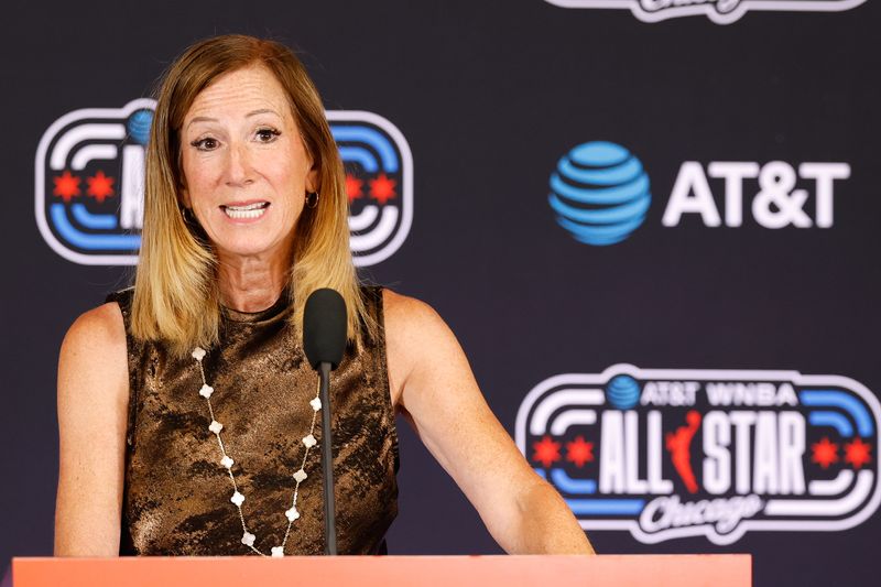Jul 25, 2026; Chicago, Illinois, USA; WNBA Commissioner Cathy Engelbert speaks with media before the 2026 WNBA All Star Game at United Center.
