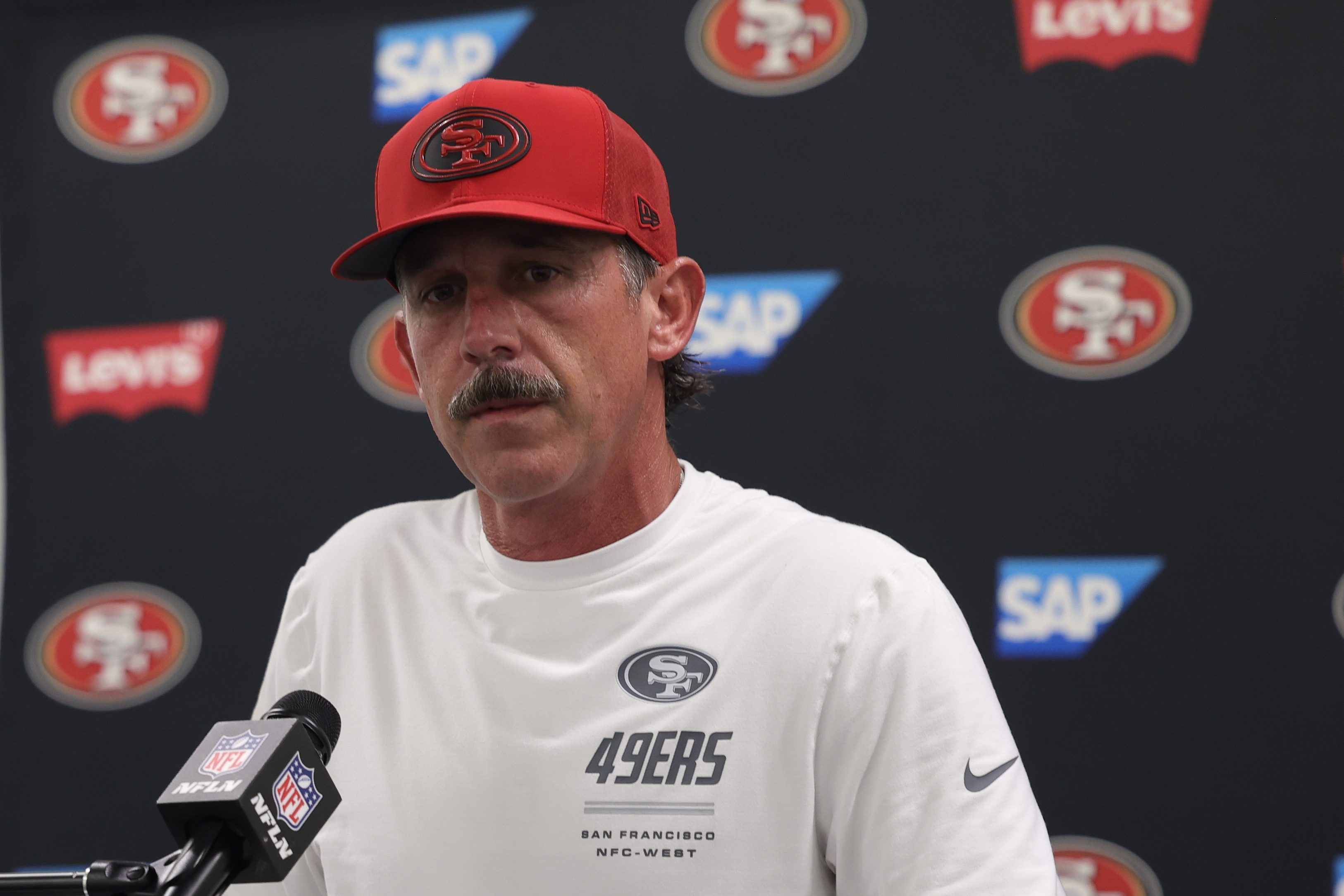 San Francisco 49ers head coach Kyle Shanahan speaks at a news conference after a preseason NFL football game against the Los Angeles Chargers, Thursday, Aug. 20, 2026, in Inglewood, Calif. 