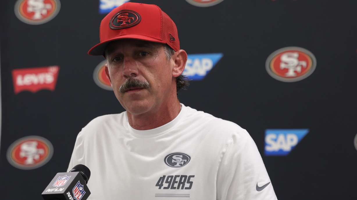 San Francisco 49ers head coach Kyle Shanahan speaks at a news conference after a preseason NFL football game against the Los Angeles Chargers, Thursday, Aug. 20, 2026, in Inglewood, Calif.