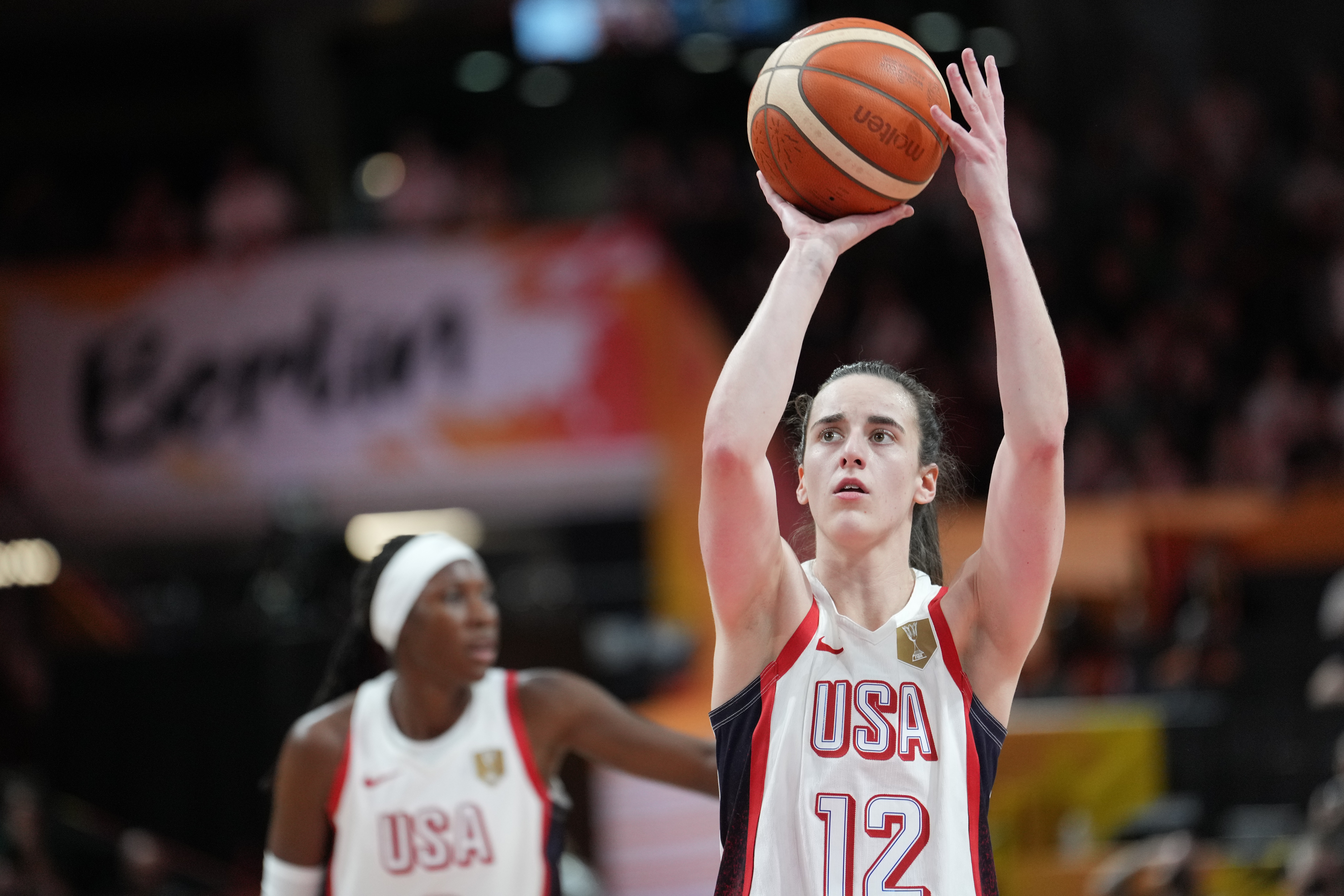 United States' Caitlin Clark shoots a free throw during the Women's Basketball World Cup match between China and the United States in Berlin, Friday, Sept. 4, 2026. 
