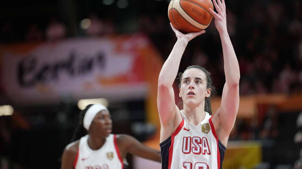 United States' Caitlin Clark shoots a free throw during the Women's Basketball World Cup match between China and the United States in Berlin, Friday, Sept. 4, 2026.