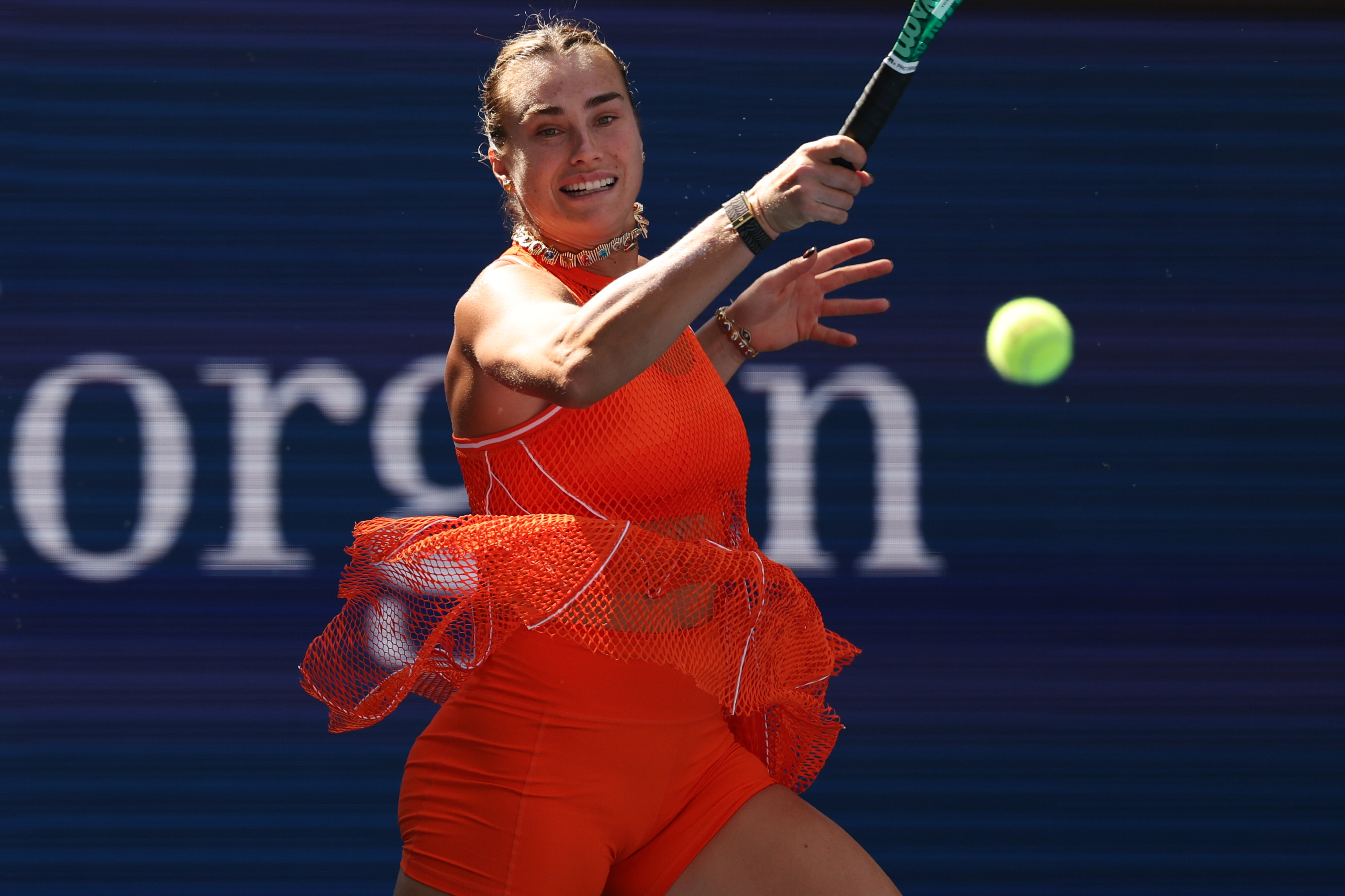 Aryna Sabalenka, of Belarus, returns the ball to Kamilla Rakhimova, of Uzbekistan, during the third round of the U.S. Open tennis championships Friday, Sept. 4, 2026, in New York. 