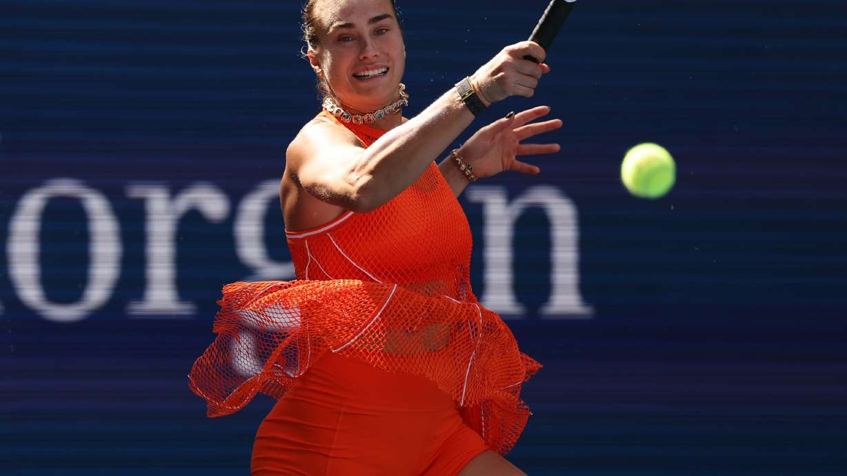 Aryna Sabalenka, of Belarus, returns the ball to Kamilla Rakhimova, of Uzbekistan, during the third round of the U.S. Open tennis championships Friday, Sept. 4, 2026, in New York.
