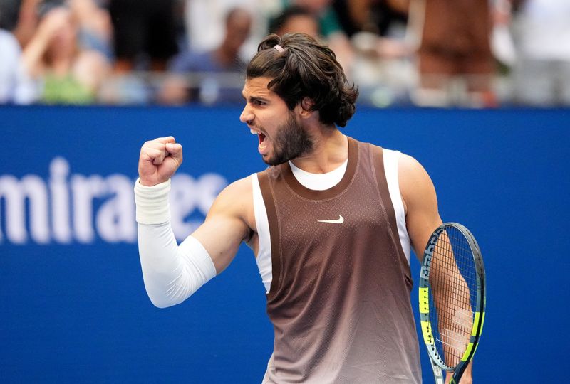 Tennis - U.S. Open - Flushing Meadows, New York, United States - September 4, 2026 Spain's Carlos Alcaraz celebrates winning his third round match against China's Yibing Wu IMAGN IMAGES via Reuters/Robert Deutsch