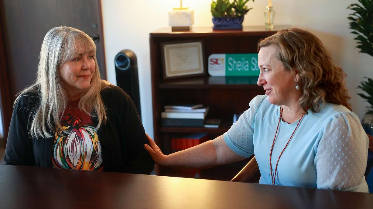 Salt Lake County tax lien coordinator Ray Lancaster, who lost her son to suicide, reacts as Salt Lake County treasurer Sheila Srivastava, whose son struggled with suicidal thoughts but survived, tries to ease Lancaster’s feelings of guilt as they both share their stories during an interview in Srivastava’s office at the Salt Lake County Government Center in Salt Lake City on Thursday.