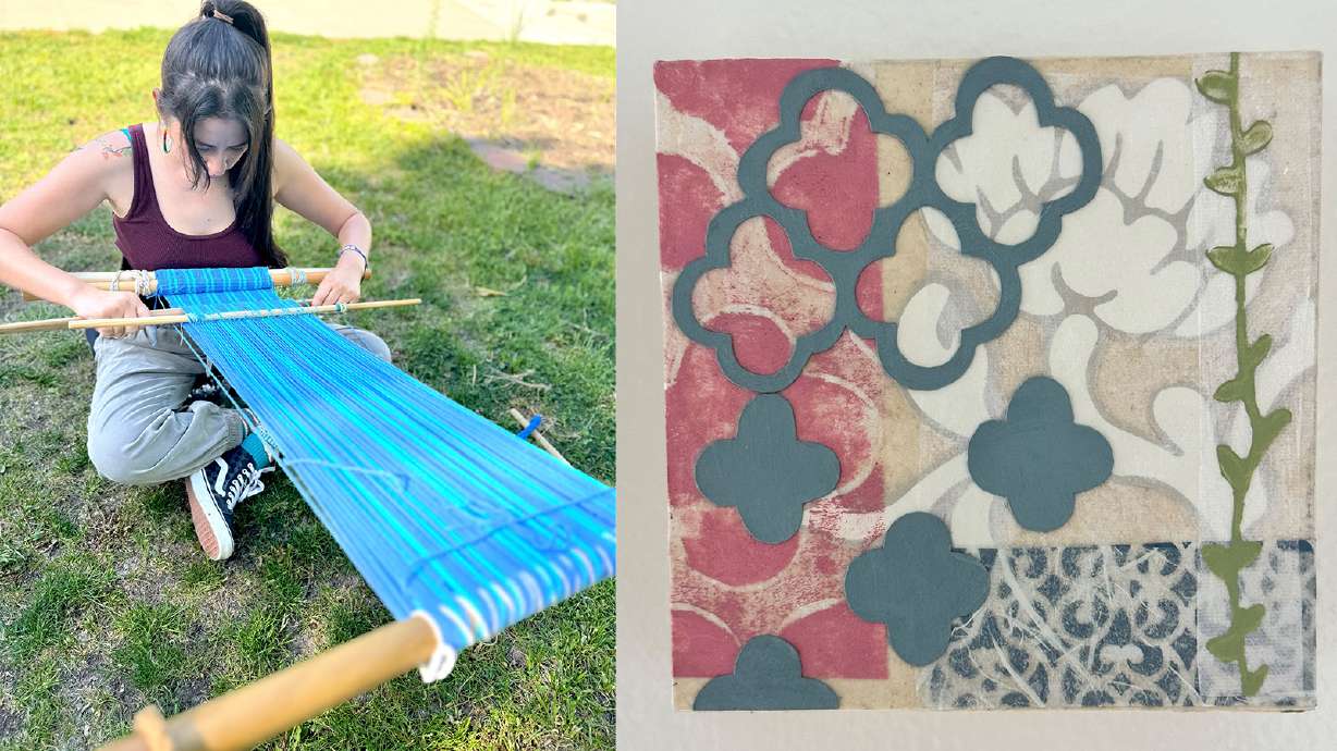 Vicky Lowe K'ulub weaves a piece of "Weaving Memories," left, and a piece of "Patterns of Place," right. Both art exhibits will be available to view at the Finch Lane Gallery in Salt Lake City beginning on Sept. 14.