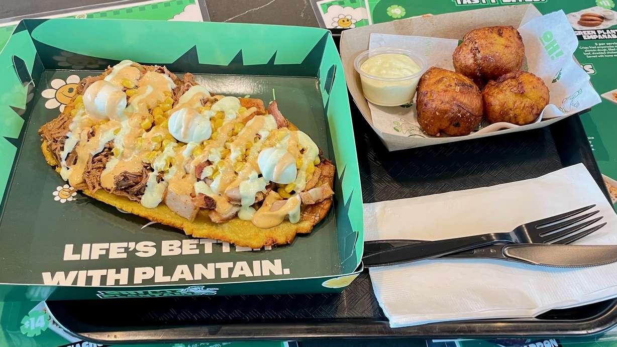 Colombian restaurant operator Steven Rodriguez focuses on plantains at two locations he operates. The photo shows a patacón and three marranitas prepared at the restaurant's Riverton location on Aug. 26.