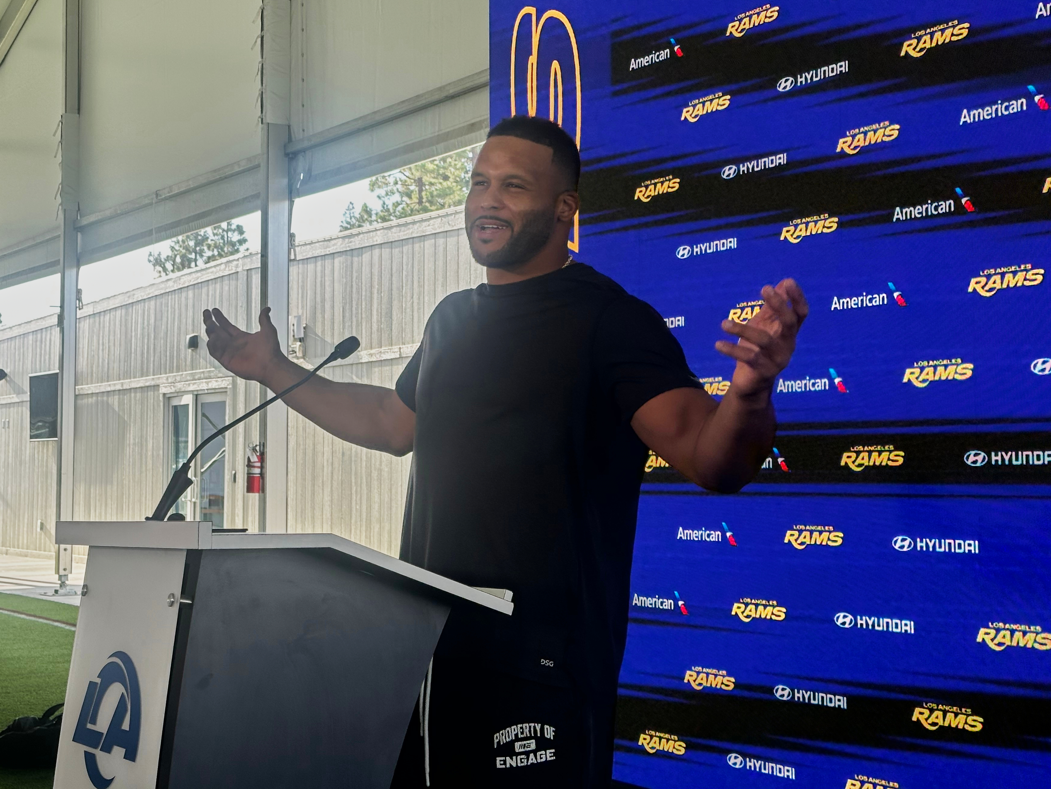 Aaron Donald speaks to the media at the Los Angeles Rams' training complex in Los Angeles, Sunday, Aug. 30, 2026. 