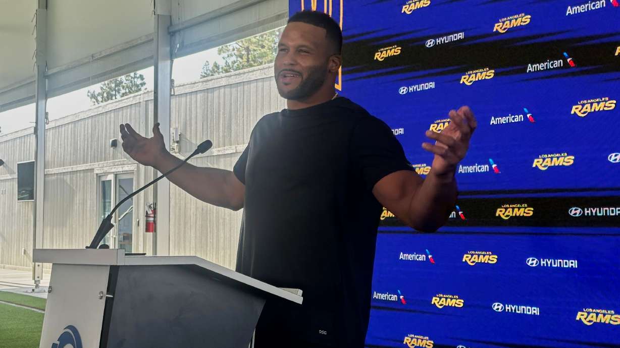 Aaron Donald speaks to the media at the Los Angeles Rams' training complex in Los Angeles, Sunday, Aug. 30, 2026.
