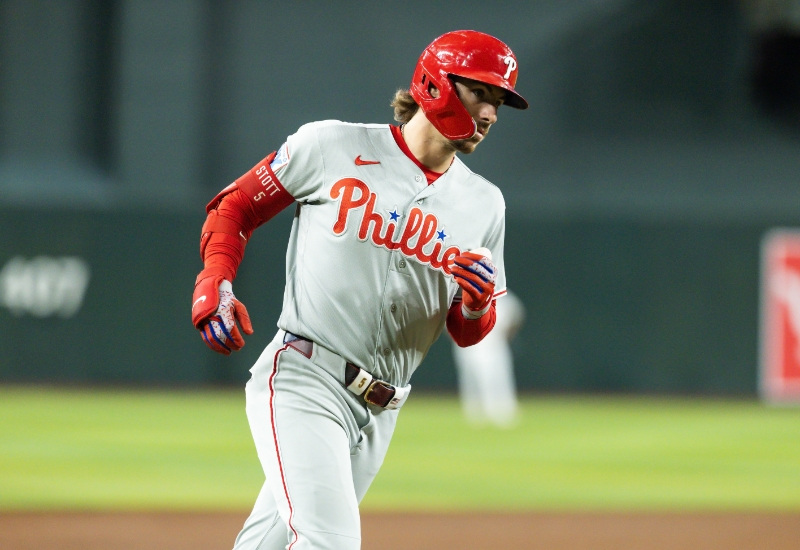 Aug 31, 2026; Phoenix, Arizona, USA; Philadelphia Phillies infielder Bryson Stott rounds the bases after hitting a solo home run in the second inning against the Arizona Diamondbacks at Chase Field.