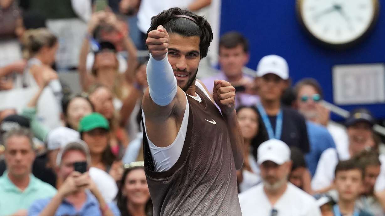 Carlos Alcaraz, of Spain, gestures after he won his match against Wu Yibing, of China, during the third round of the U.S. Open tennis championships Friday, Sept. 4, 2026, in New York.