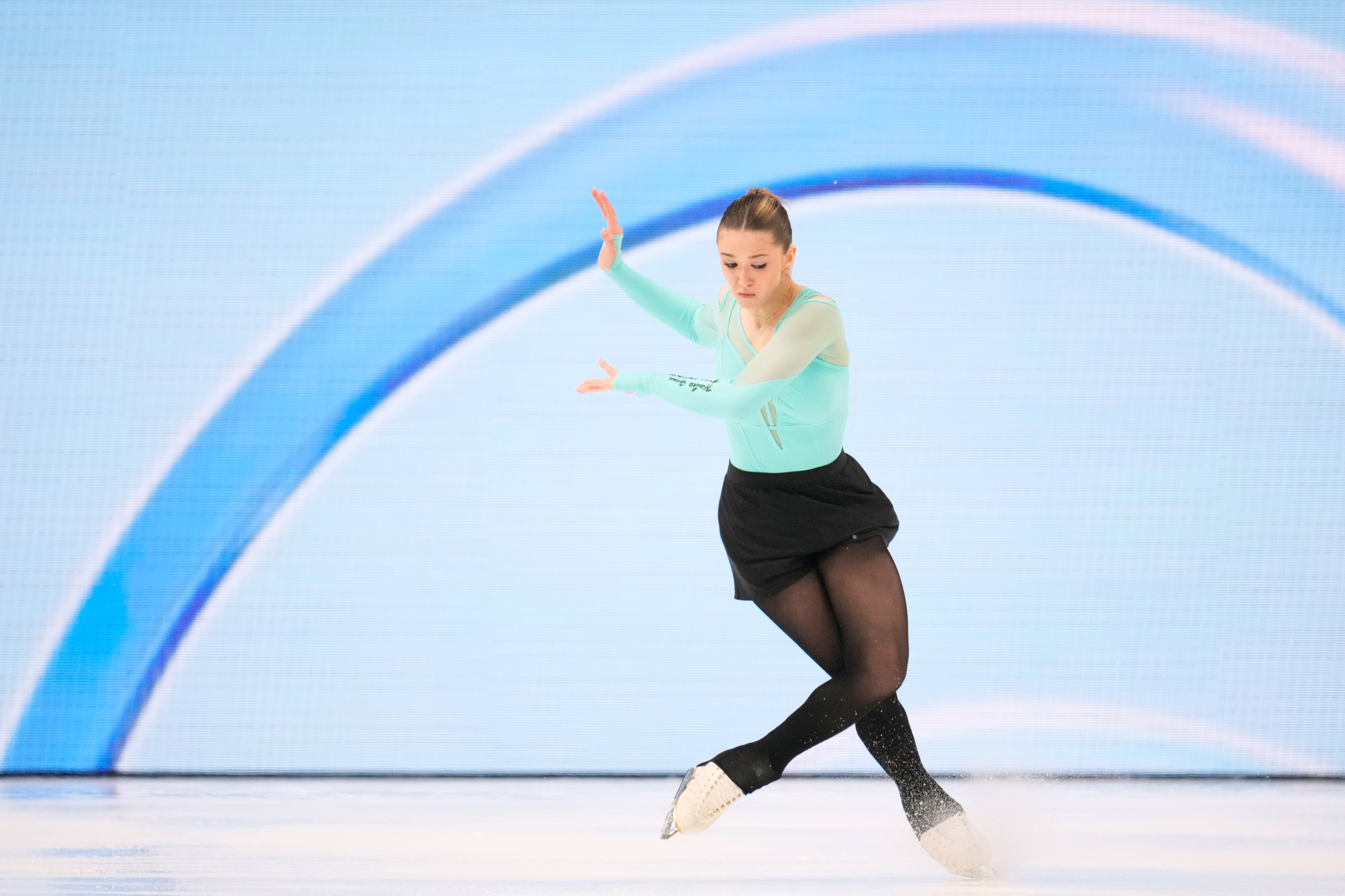 FILE - Russian figure skater Kamila Valieva competes at the Russian Jumping Championships in Moscow on Jan. 31, 2026. 