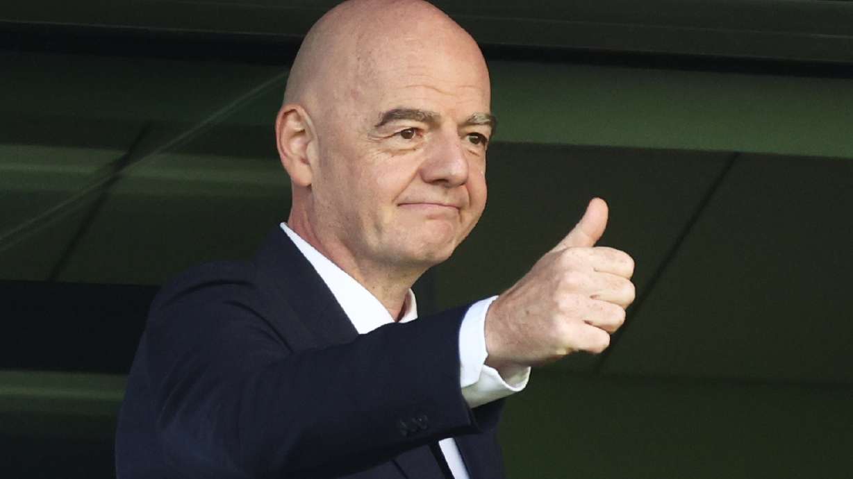 FIFA President Gianni Infantino arrives to attend the opening game of the Women's U20 World Cup opening match between Poland and Argentina in Katowice, Poland, Saturday, Sept. 5, 2026.