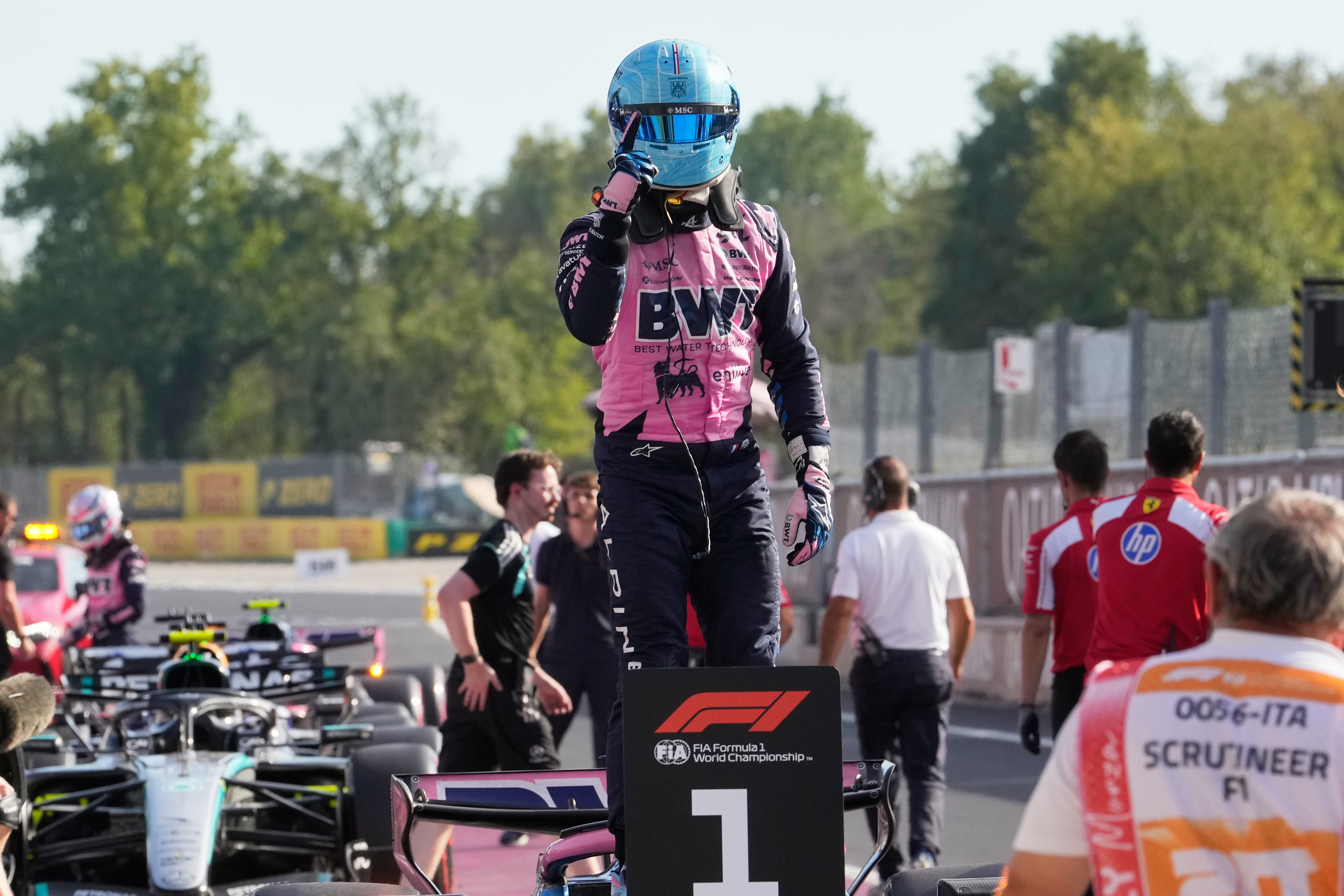 Alpine driver Pierre Gasly of France celebrates his pole position after the qualifying session ahead of the Italian Formula One Grand Prix, in Monza, Italy, Saturday, Sept. 5, 2026. 