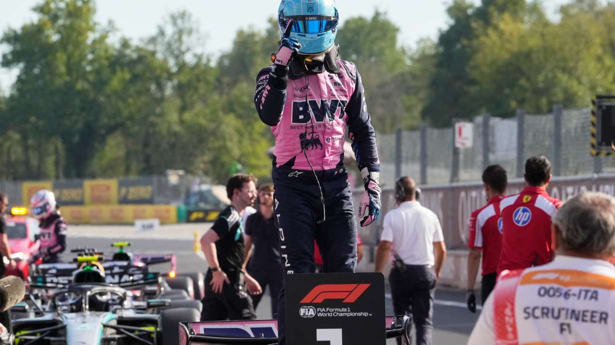 Alpine driver Pierre Gasly of France celebrates his pole position after the qualifying session ahead of the Italian Formula One Grand Prix, in Monza, Italy, Saturday, Sept. 5, 2026.