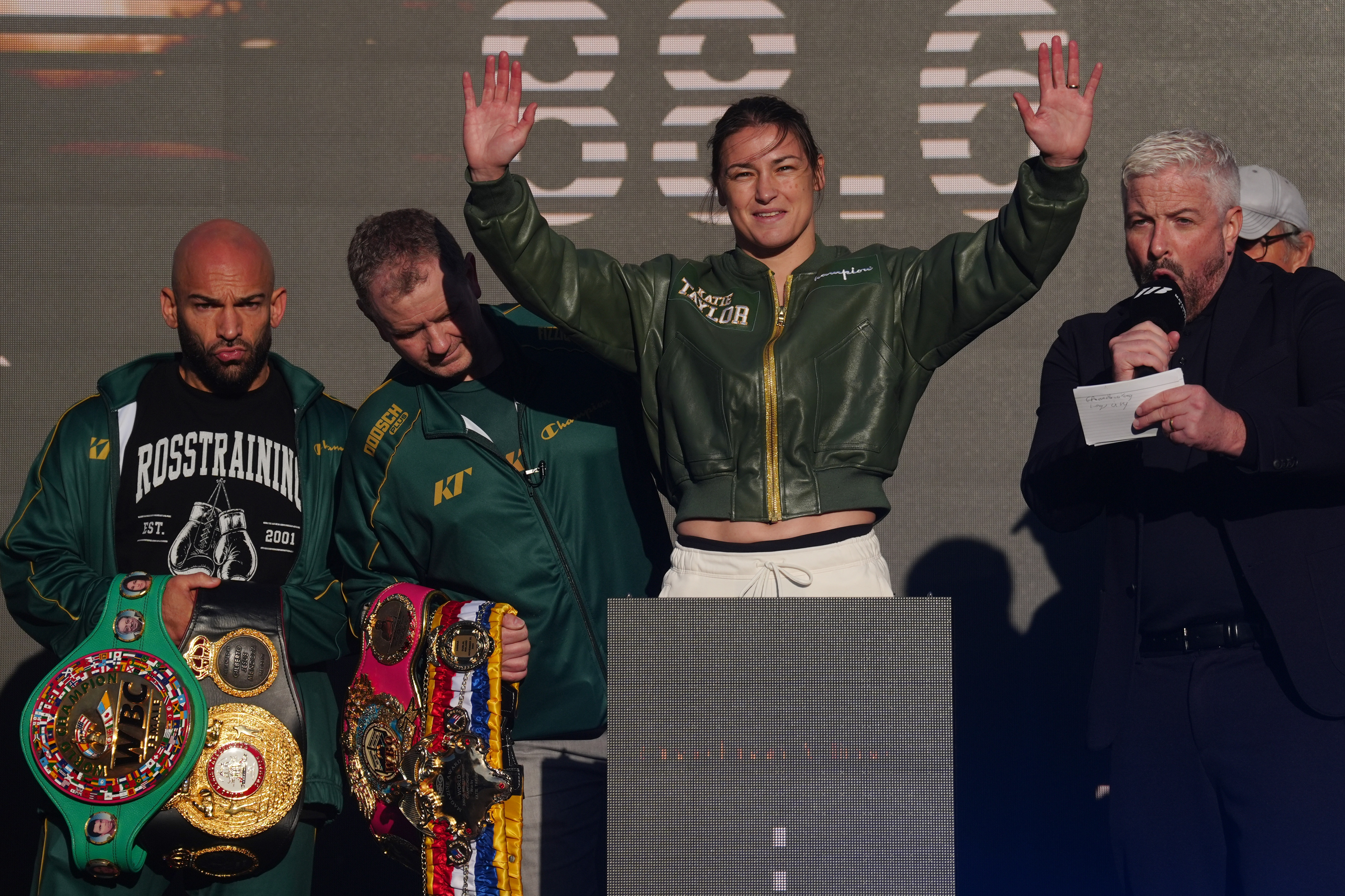 Katie Taylor attends the weigh-in at Trinity College Dublin, Friday Sept. 4, 2026. 