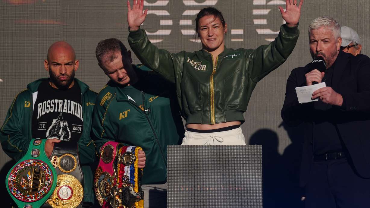 Katie Taylor attends the weigh-in at Trinity College Dublin, Friday Sept. 4, 2026.