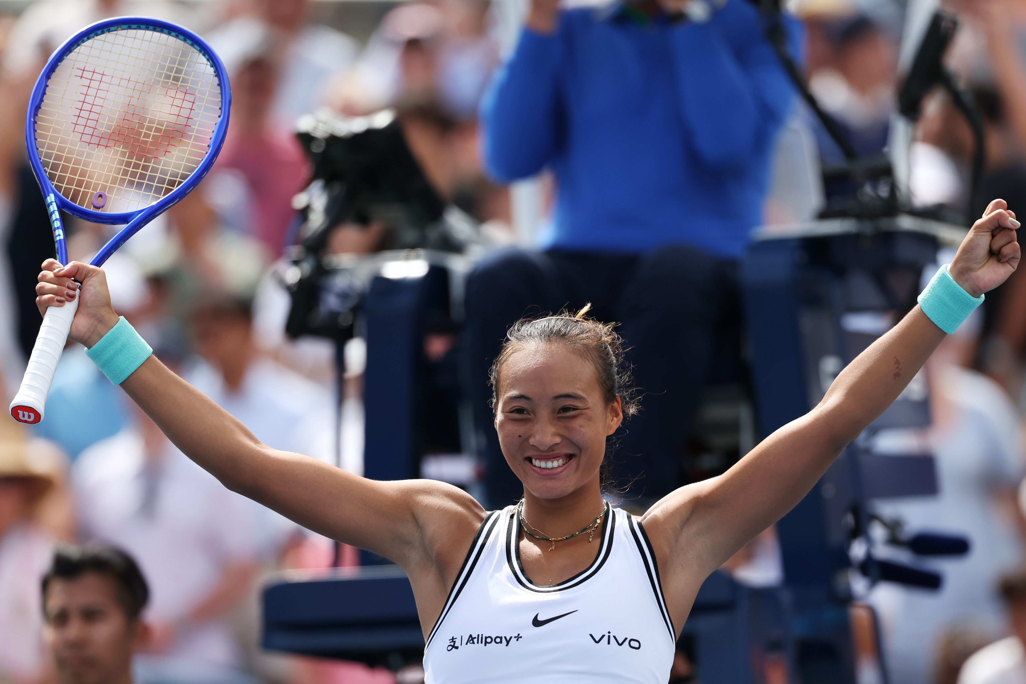 Zheng Qinwen, of China, gestures after she won her match against Madison Keys, of the United States, during the third round of the U.S. Open tennis championships Saturday, Sept. 5, 2026, in New York. 