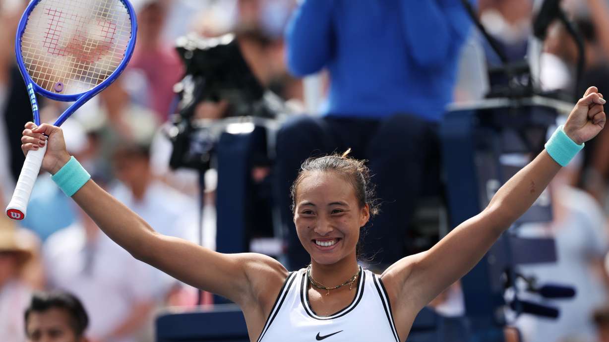 Zheng Qinwen, of China, gestures after she won her match against Madison Keys, of the United States, during the third round of the U.S. Open tennis championships Saturday, Sept. 5, 2026, in New York.