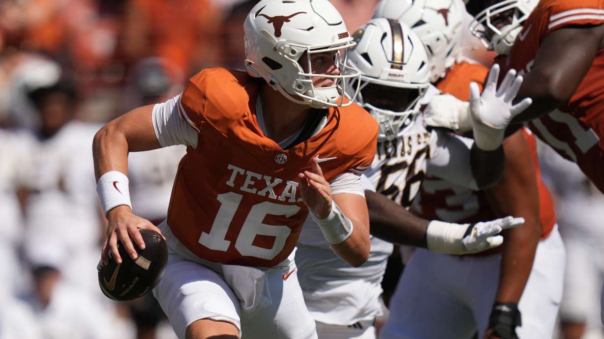 Texas quarterback Arch Manning (16) scrambles against Texas State during the first half of an NCAA college football game in Austin, Texas, Saturday, Sept. 5, 2026.