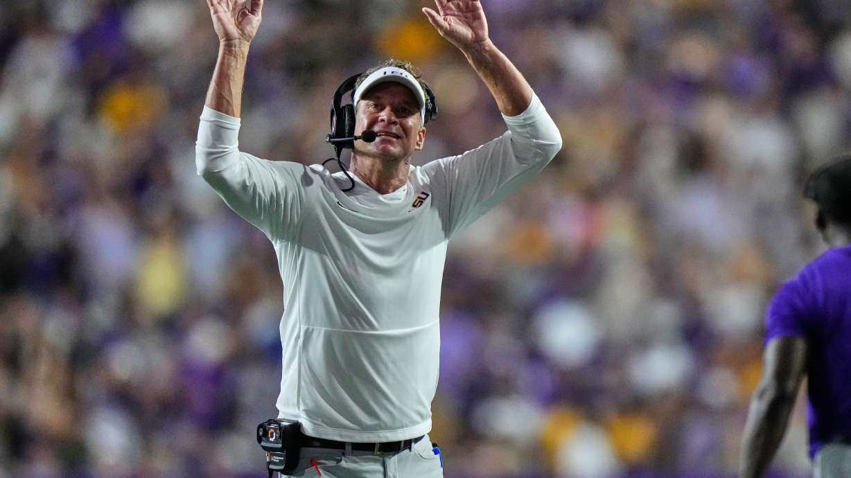 LSU head coach Lane Kiffin reacts in the first half of an NCAA college football game against Clemson, Saturday, Sept. 5, 2026 in Baton Rouge, La.
