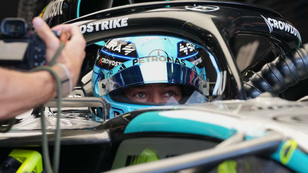 Mercedes driver George Russell of Britain steers his car during the third free practice ahead of the Italian Formula One Grand Prix, in Monza, Italy, Saturday, Sept. 5, 2026.