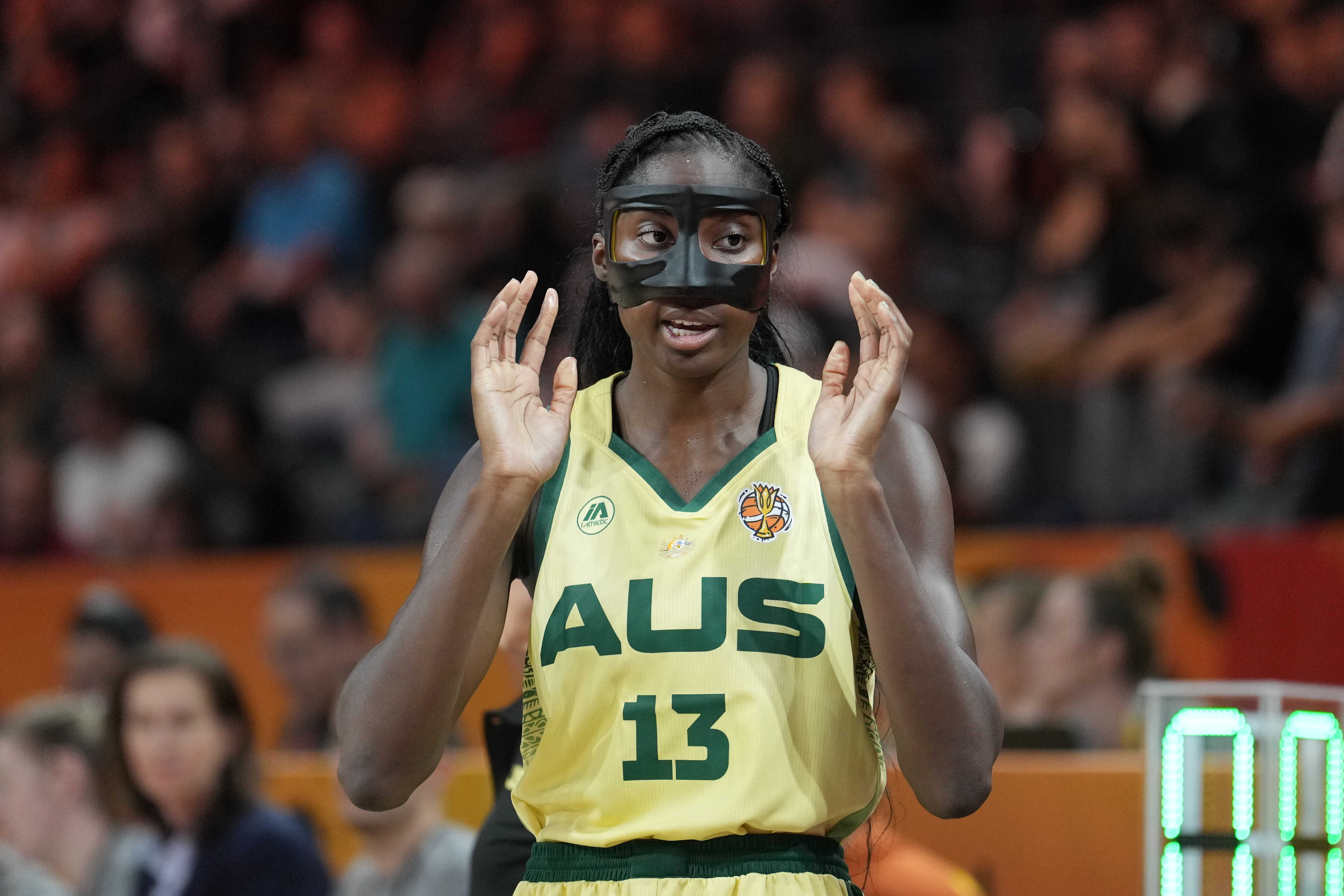 Australia's Ezi Magbegor reacts during the Women's Basketball World Cup match between Australia and Puerto Rico in Berlin, Friday, Sept. 4, 2026. 