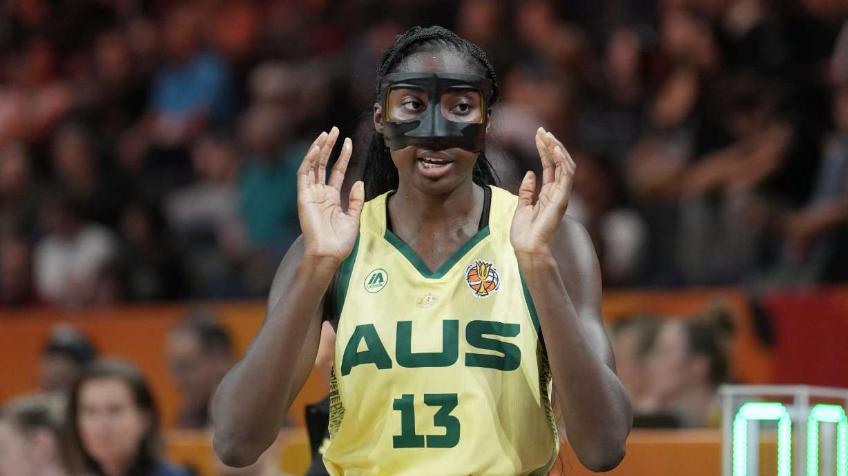 Australia's Ezi Magbegor reacts during the Women's Basketball World Cup match between Australia and Puerto Rico in Berlin, Friday, Sept. 4, 2026.