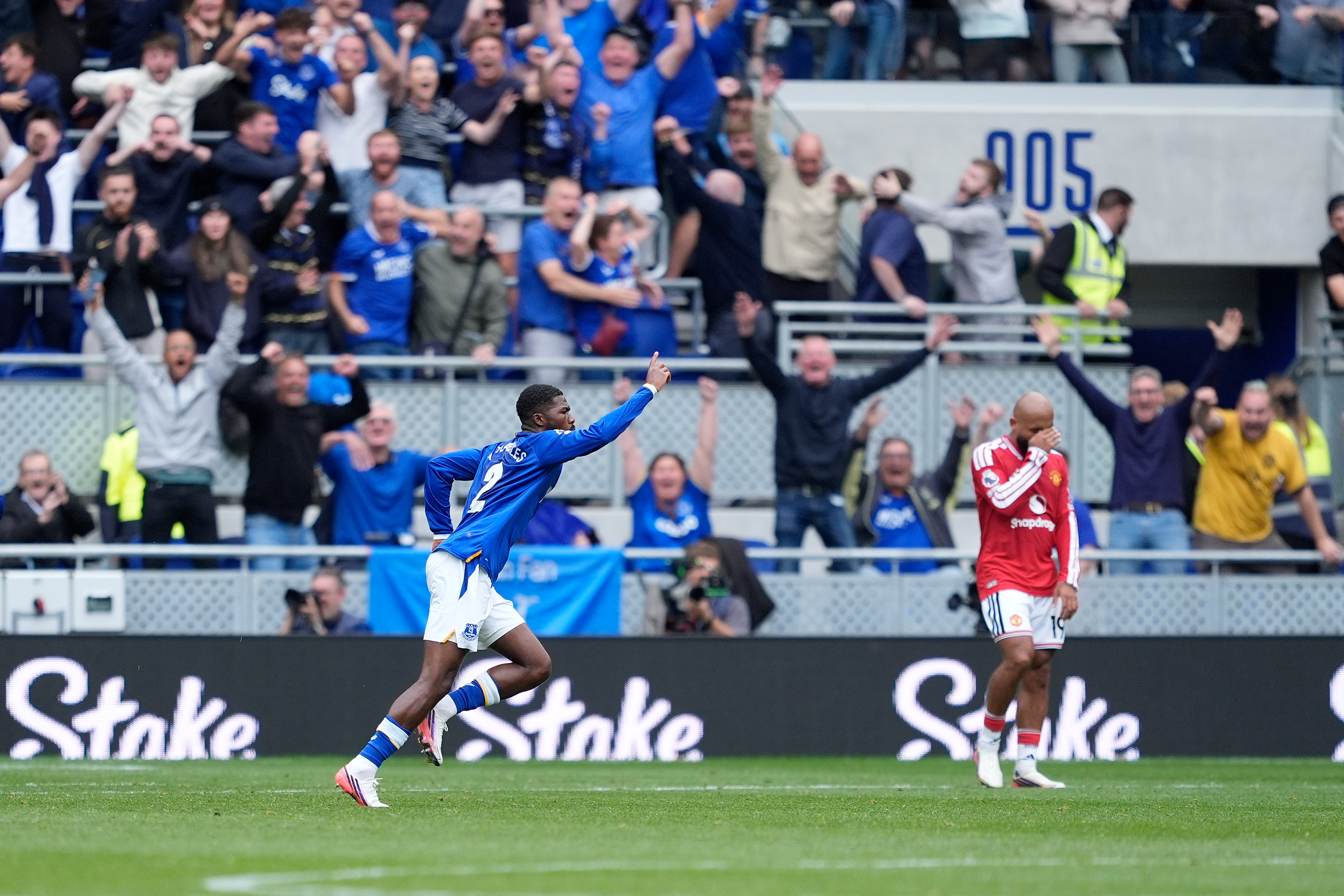 Everton's Ainsley Maitland-Niles celebrates scoring their side's second goal of the game during the English Premier League soccer match between Everton and Manchester United in Liverpool, England, Sunday, Sept. 6, 2026. 
