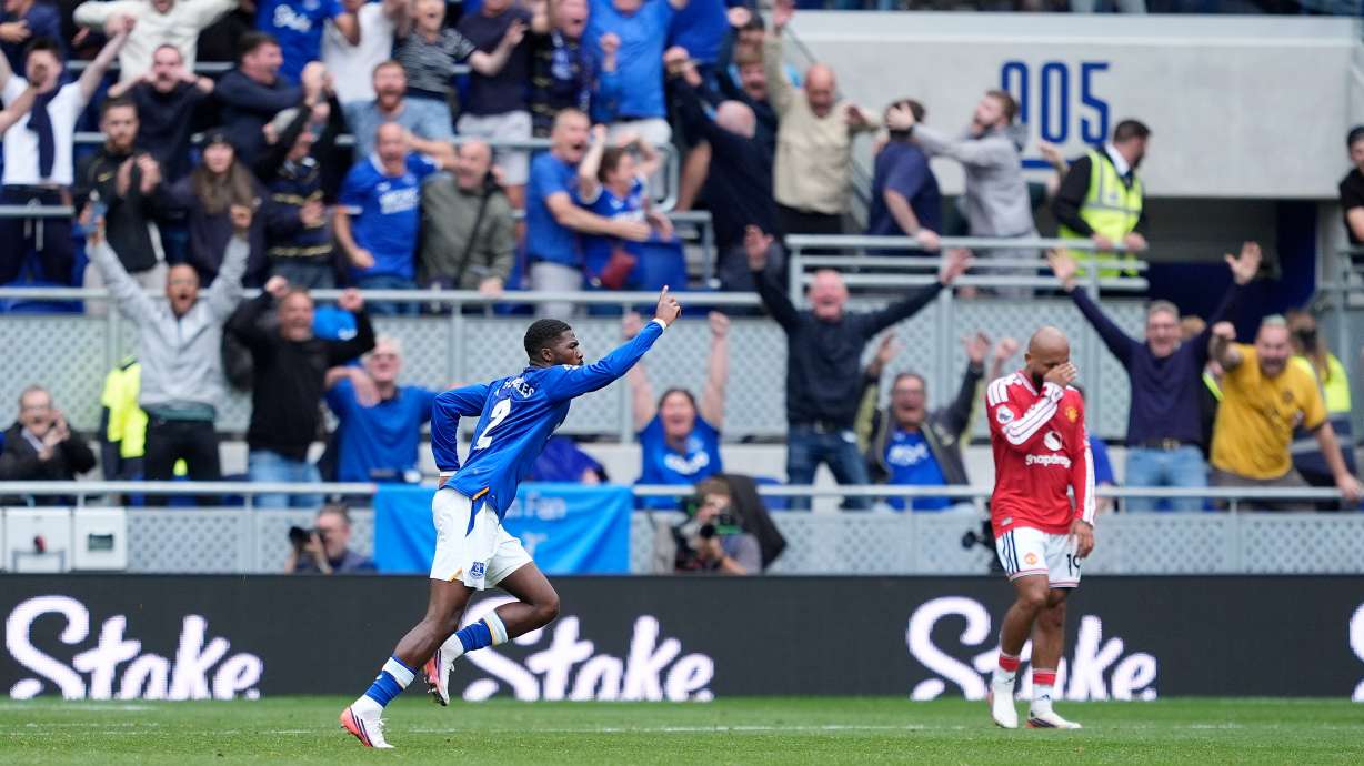 Everton's Ainsley Maitland-Niles celebrates scoring their side's second goal of the game during the English Premier League soccer match between Everton and Manchester United in Liverpool, England, Sunday, Sept. 6, 2026.