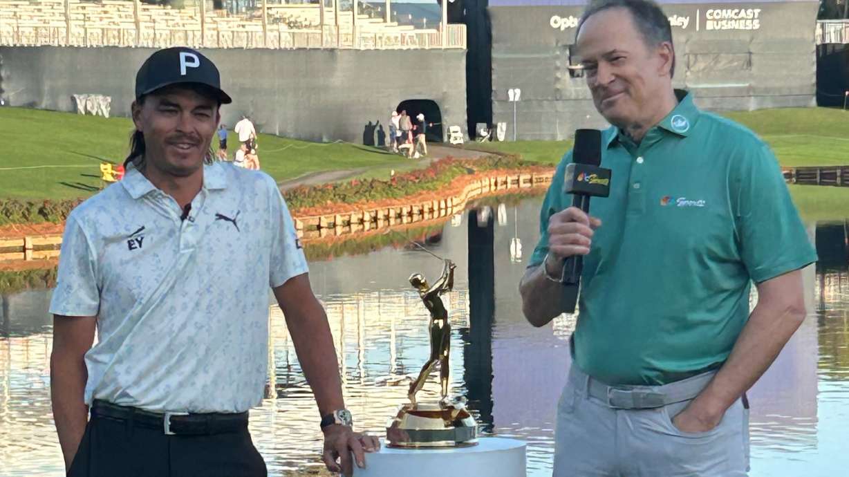 This photo provided by NBC Sports shows NBC Sports announcer Dan Hicks, right, interviewing Rickie Fowler during The Players Championship golf tournament at TPC Sawgrass in Ponte Vedra Beach, Fla., March 2026.