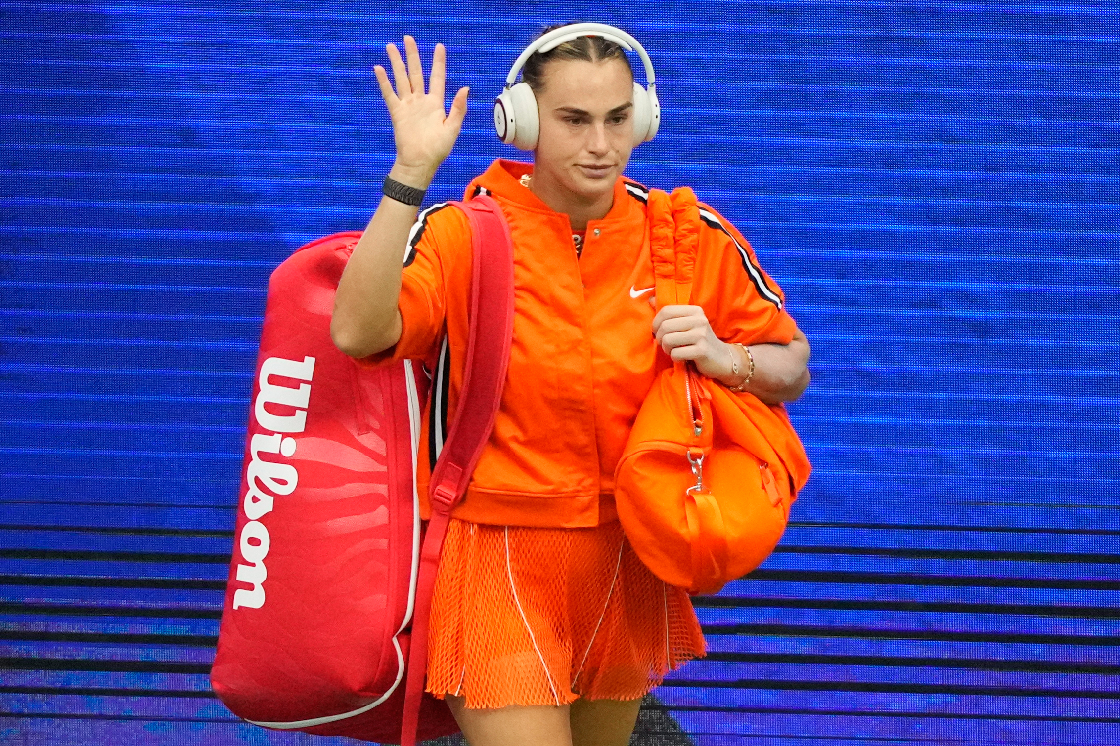 Aryna Sabalenka, of Belarus, arrives for her match against Taylor Townsend, of the United States, during the fourth round of the U.S. Open tennis championships Sunday, Sept. 6, 2026, in New York. 