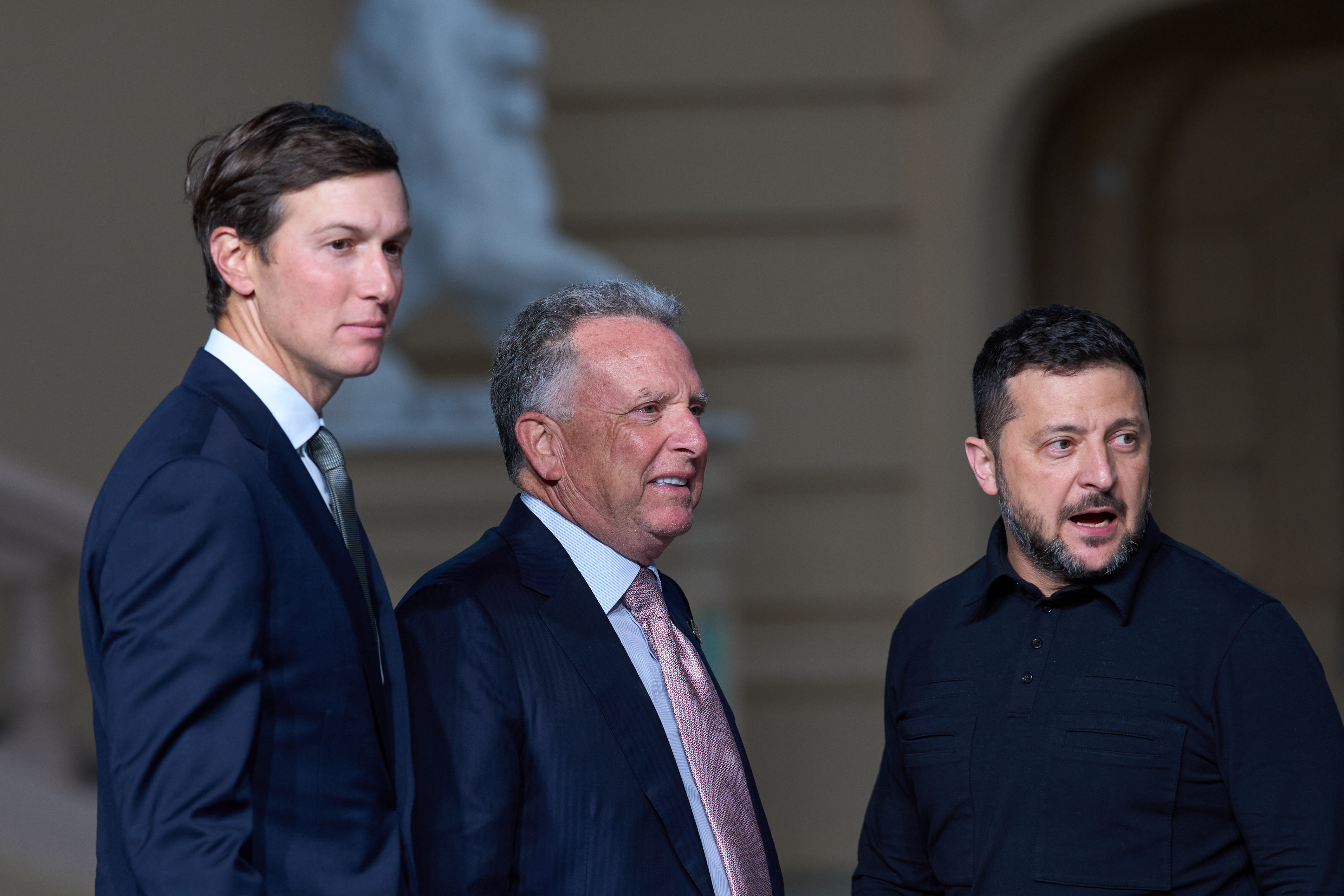 Ukraine's President Volodymyr Zelenskyy with Steve Witkoff and Jared Kushner, President Donald Trump's envoys, at the end of their joint news conference in Kyiv, Sunday. While Zelenskyy said Tuesday "very good" ideas to end the war with Russia were put forward, he kept the proposals under wraps.