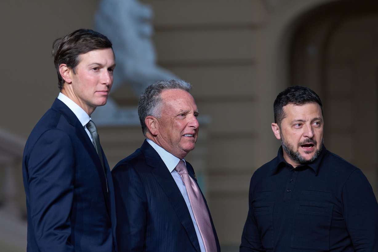 Ukraine's President Volodymyr Zelenskyy with Steve Witkoff and Jared Kushner, President Donald Trump's envoys, at the end of their joint news conference in Kyiv, Sunday. While Zelenskyy said Tuesday "very good" ideas to end the war with Russia were put forward, he kept the proposals under wraps.