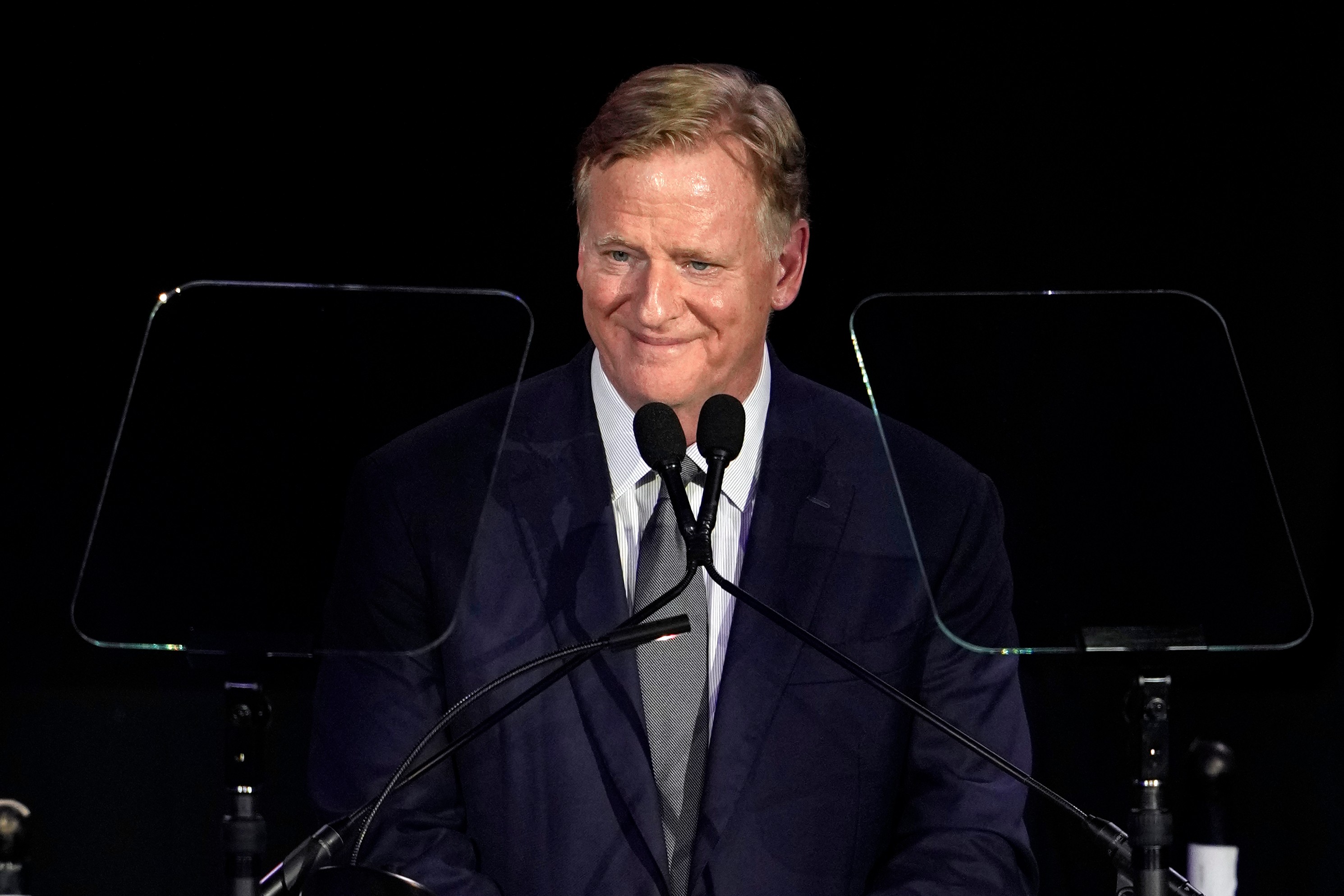 National Football League commissioner Roger Goodell speaks during the Pro Football Hall of Fame gold jacket dinner in Canton, Ohio, Friday, Aug. 7, 2026. 