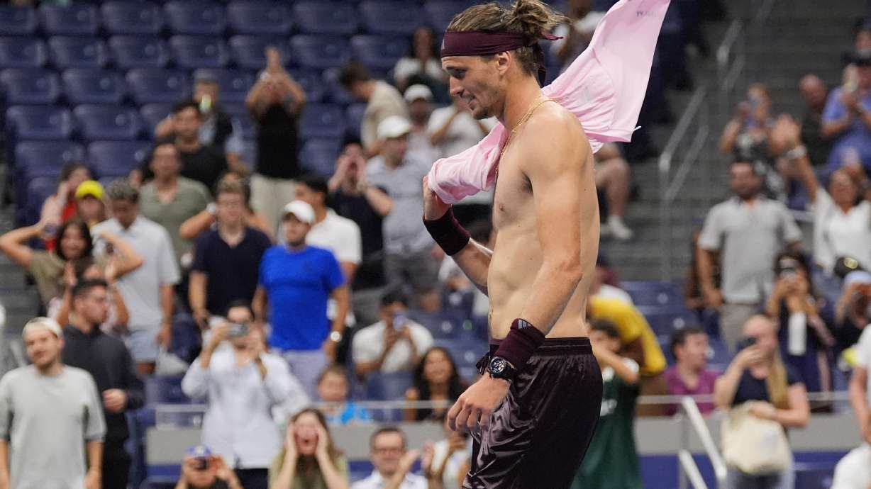 Alexander Zverev, of Germany, celebrates after defeating Quentin Halys, of France, in five sets in the the second round of the U.S. Open tennis championships, early Friday, Sept. 4, 2026, in New York.