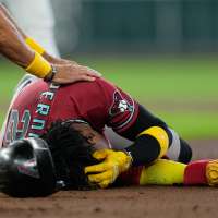 Arizona's Perdomo leaves game with head contusion after being hit in the helmet by a line drive