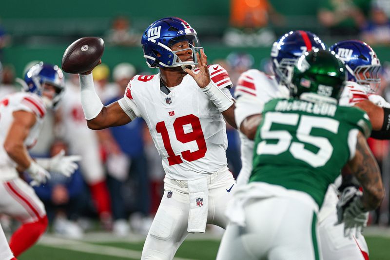 Aug 28, 2026; East Rutherford, New Jersey, USA; New York Giants quarterback Jameis Winston (19) throws the ball against the New York Jets during the first half at MetLife Stadium.