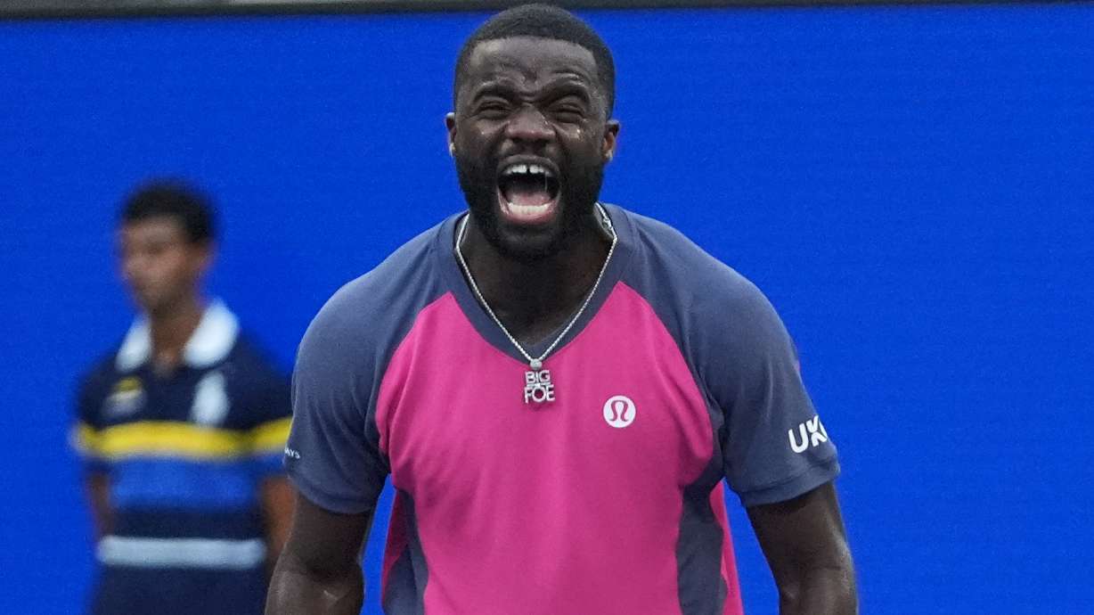 Frances Tiafoe, of the United States, celebrates winning a match against Daniil Medvedev, of Russia, during the fourth round of the U.S. Open tennis championships, Sunday, Sept. 6, 2026, in New York.