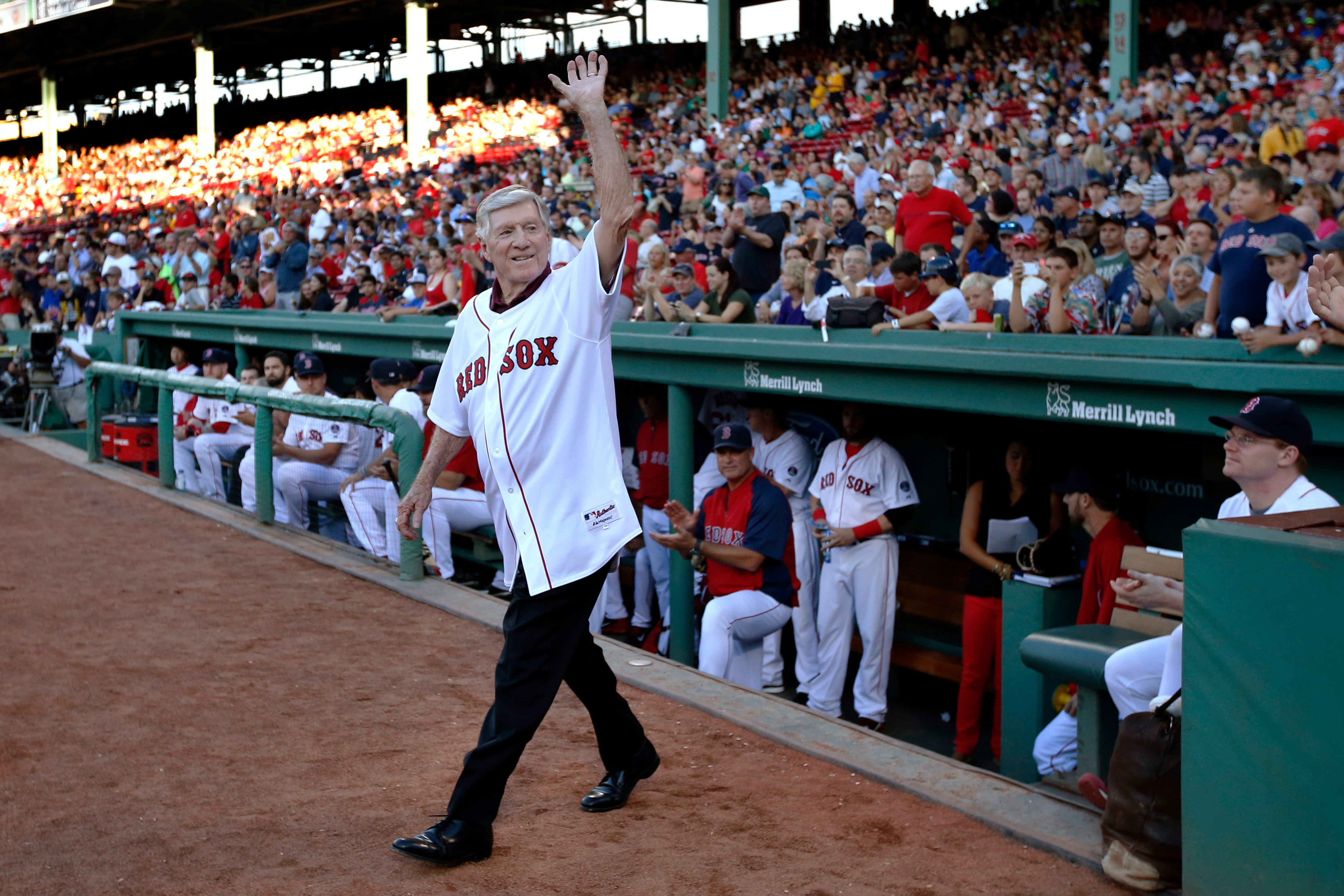 FILE - Former Boston Red Sox manager Joe Morgan waves to fans as he is honored prior to a baseball game between the Red Sox and the Seattle Mariners in Boston on July 30, 2013. 