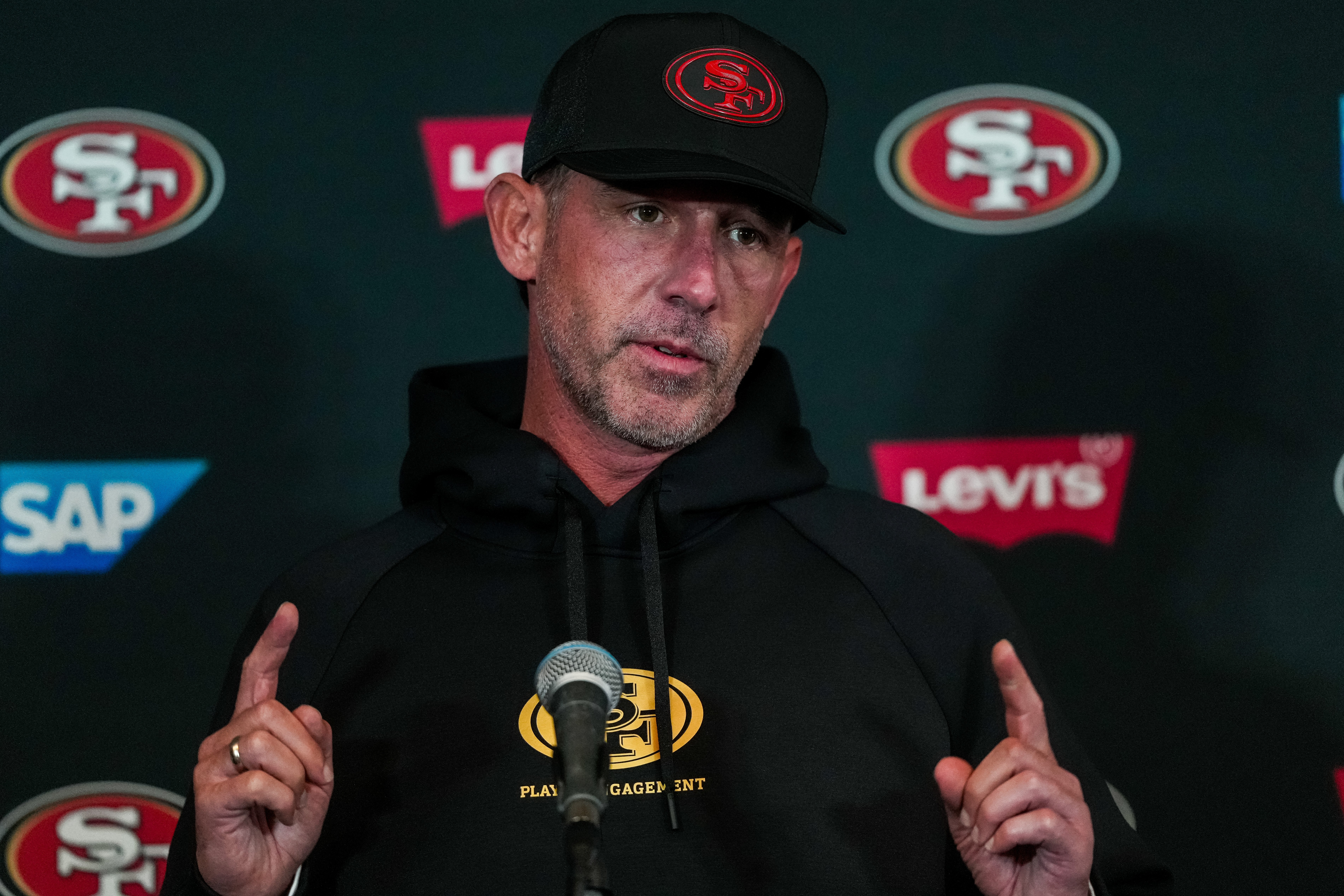 San Francisco 49ers head coach Kyle Shanahan speaks to the media ahead of practice Monday, Sept. 7, 2026, in Melbourne, Australia, in preparation for an NFL football game against the Los Angeles, Rams. 