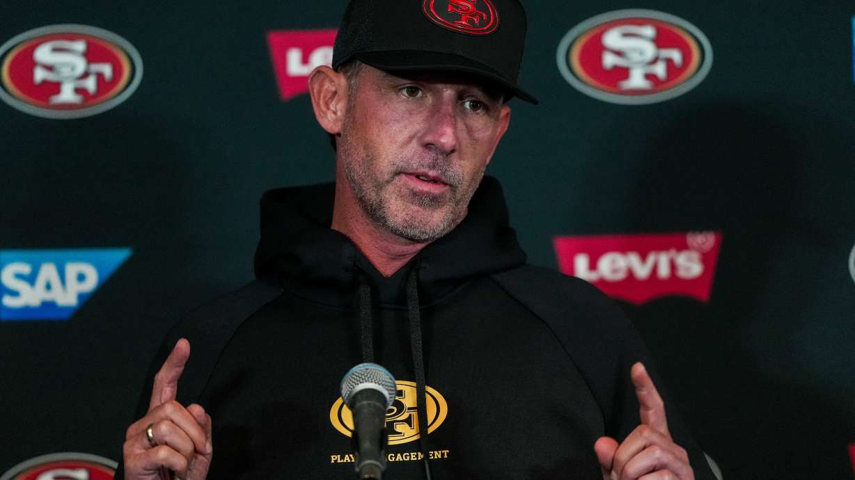 San Francisco 49ers head coach Kyle Shanahan speaks to the media ahead of practice Monday, Sept. 7, 2026, in Melbourne, Australia, in preparation for an NFL football game against the Los Angeles, Rams.