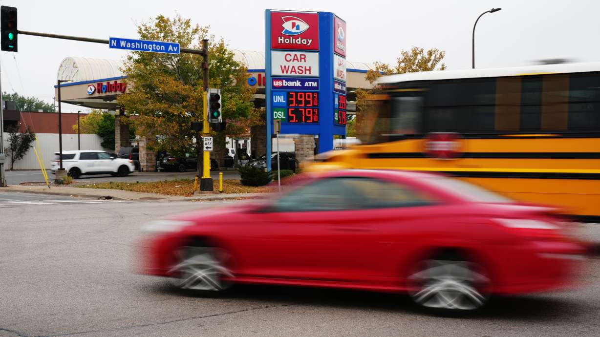 Diesel prices are seen at a gas station Friday in Minneapolis. Gas prices in the U.S. have hit a record high for Labor Day weekend, averaging $4.14 per gallon.