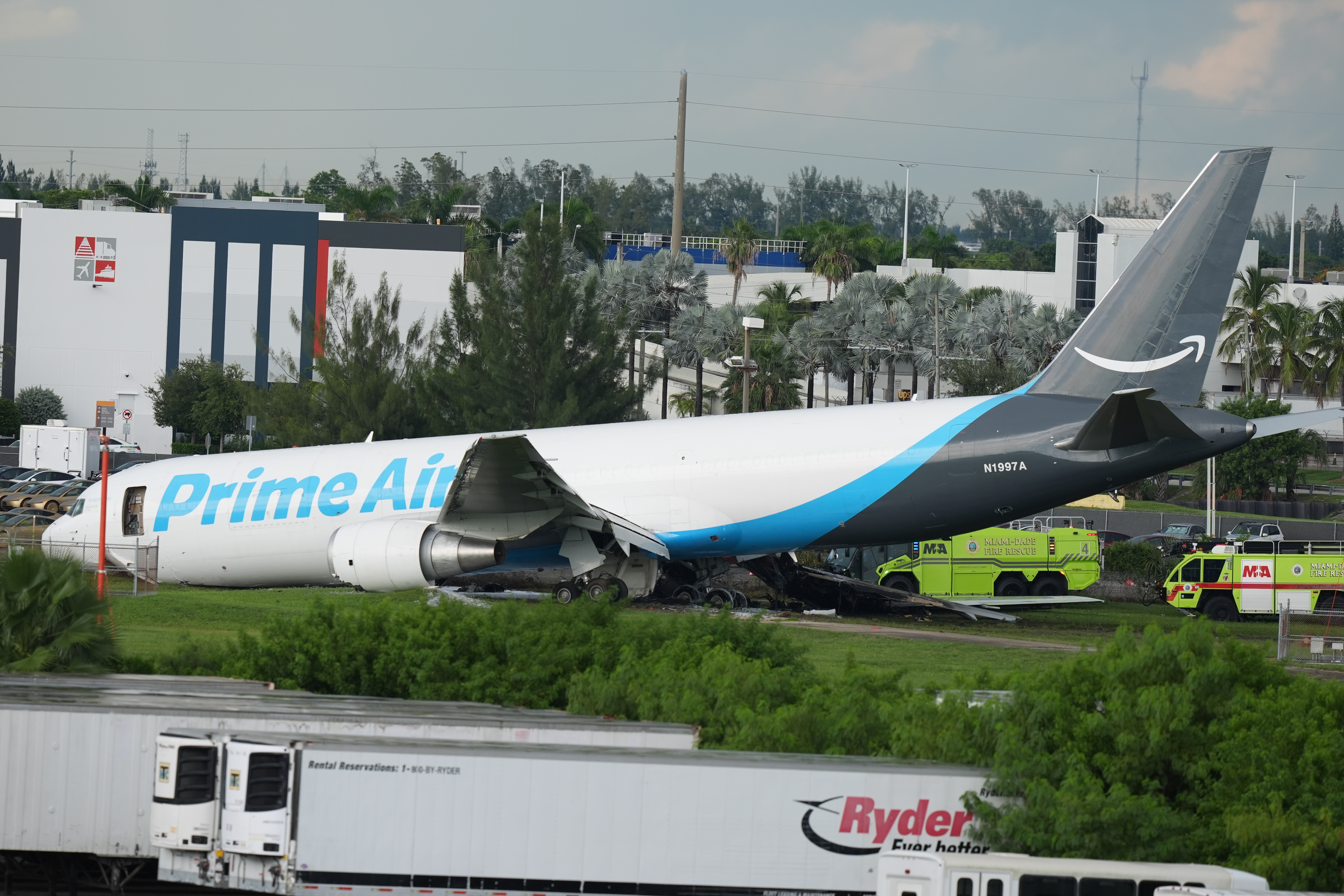 An Amazon cargo plane sits at the Miami International Airport (MIA) after it overshot the runway, Sunday.