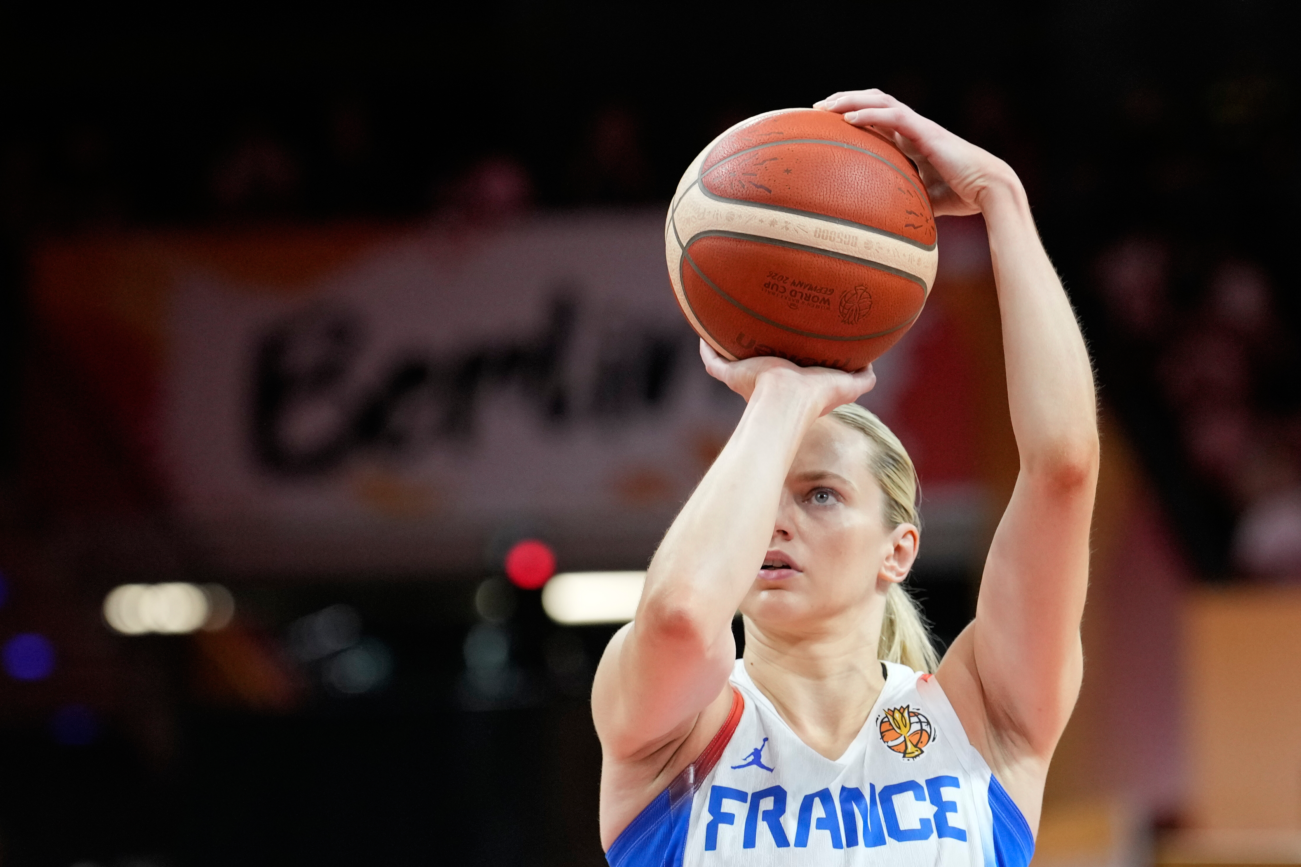 France's Marine Johannes shoots during the Women's Basketball World Cup match between France and Korea in Berlin, Saturday, Sept. 5, 2026. 