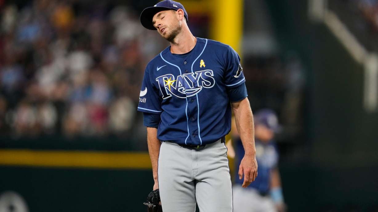 Tampa Bay Rays pitcher Steven Matz turns around on the mound after throwing a pitch to the Texas Rangers during the fifth inning of a baseball game Sunday, Sept. 6, 2026, in Arlington, Texas.