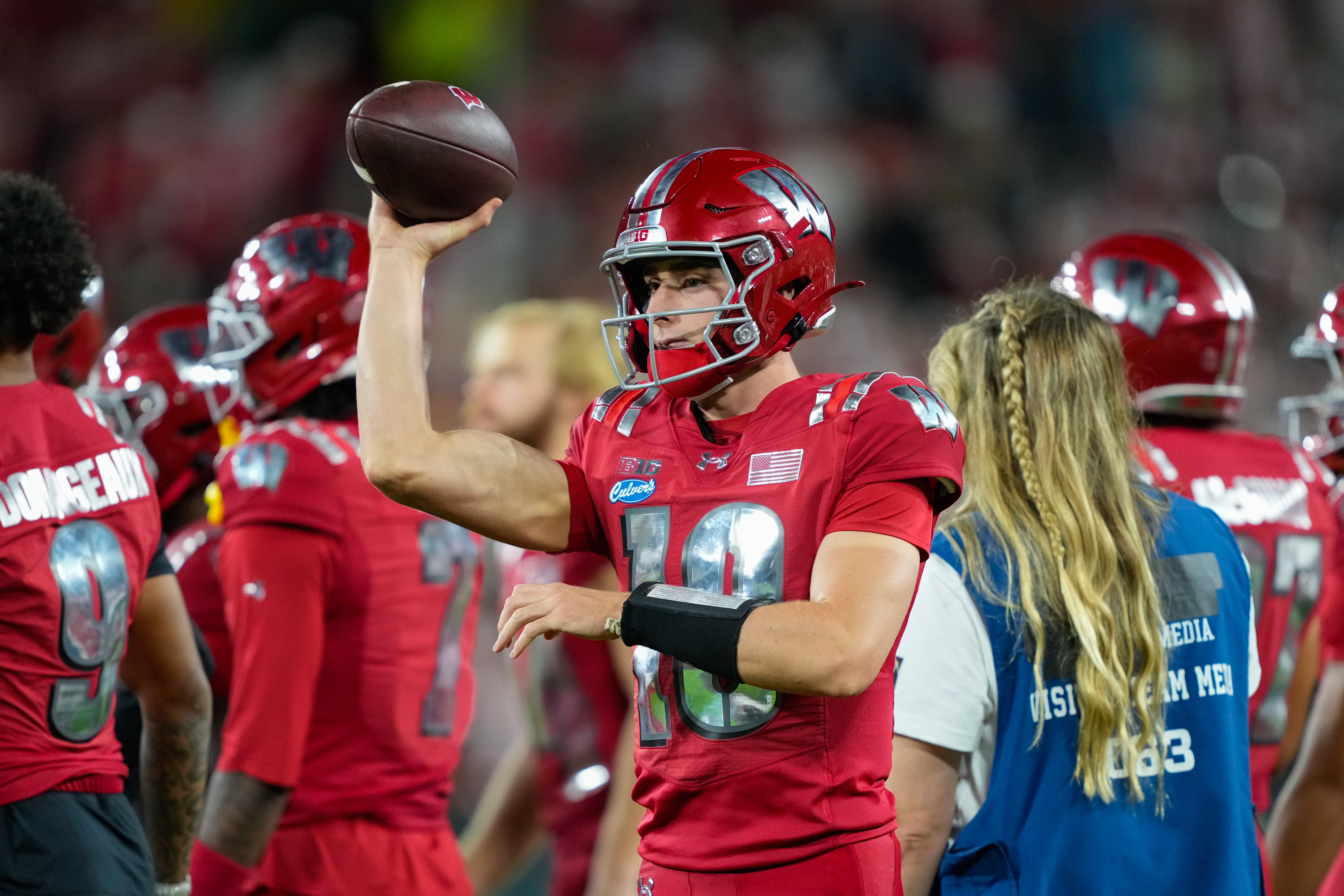 FILE - Wisconsin quarterback Ryan Hopkins (10) throws on the sidelines during the second half of an NCAA college football game against Notre Dame Sunday, Sept. 6, 2026, in Green Bay, Wis. 