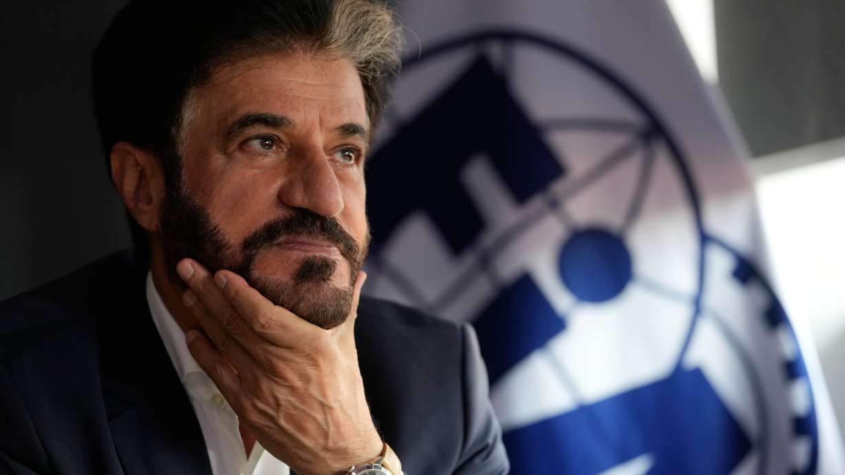 FIA President Mohammed Ben Sulayem talks with the Associated Press during an interview prior to the start of Italy's Formula One Grand Prix, at the Monza racetrack, Italy, Sunday Sept. 6, 2026.